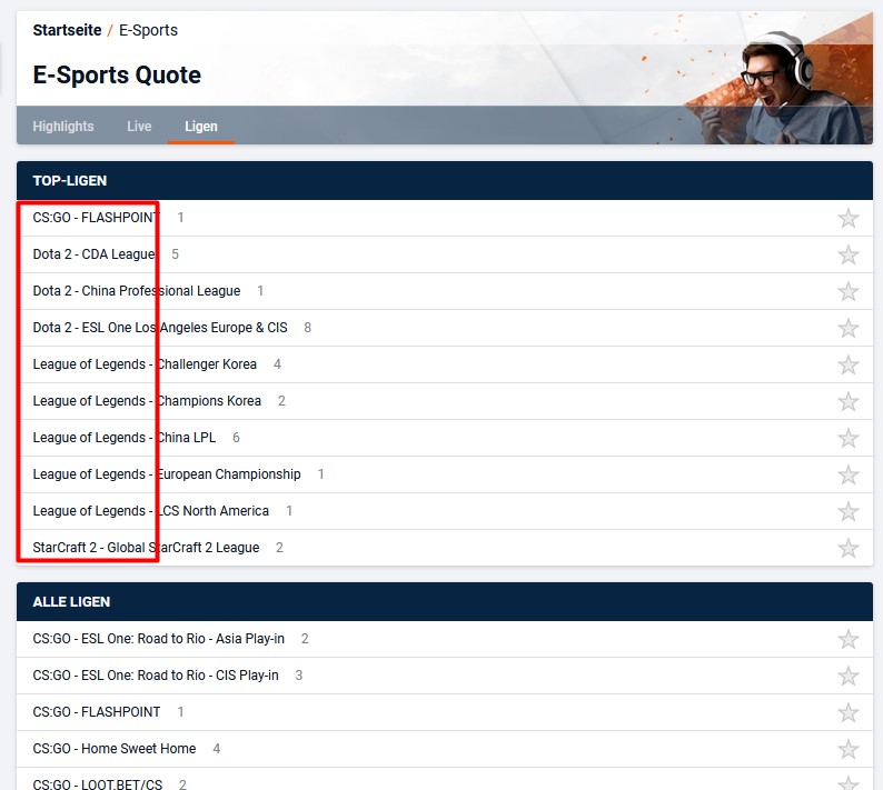 Beispiel einer Wette auf E-Sport-Veranstaltungen